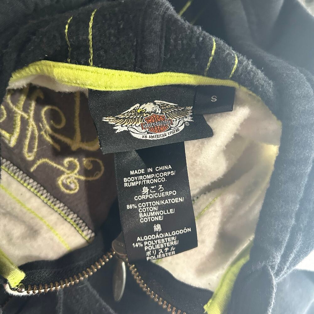 VTG y2k Women's Black Green Embroidered Harley Davidson Hoodie Sweatshirt Sz S - Picture 3 of 7